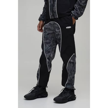 Relaxed Fit Nylon Camo Colour Block Piping Track Pants | Size Medium