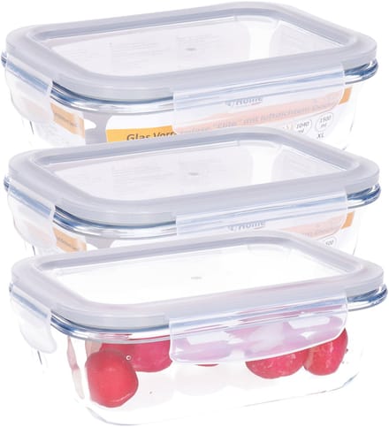 3x b-home vershoudbakje/lunchbox - luchtdicht - met clips - glas - 17 x 13 cm - 630 ml