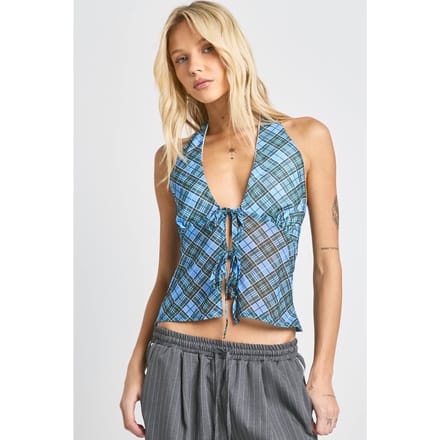 boohoo Dames Printed Mesh Halterneck Tie Front Top | Blue | Maat: 10