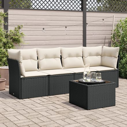 vidaXL - 5-delige - Loungeset - met - kussens - poly - rattan - zwart