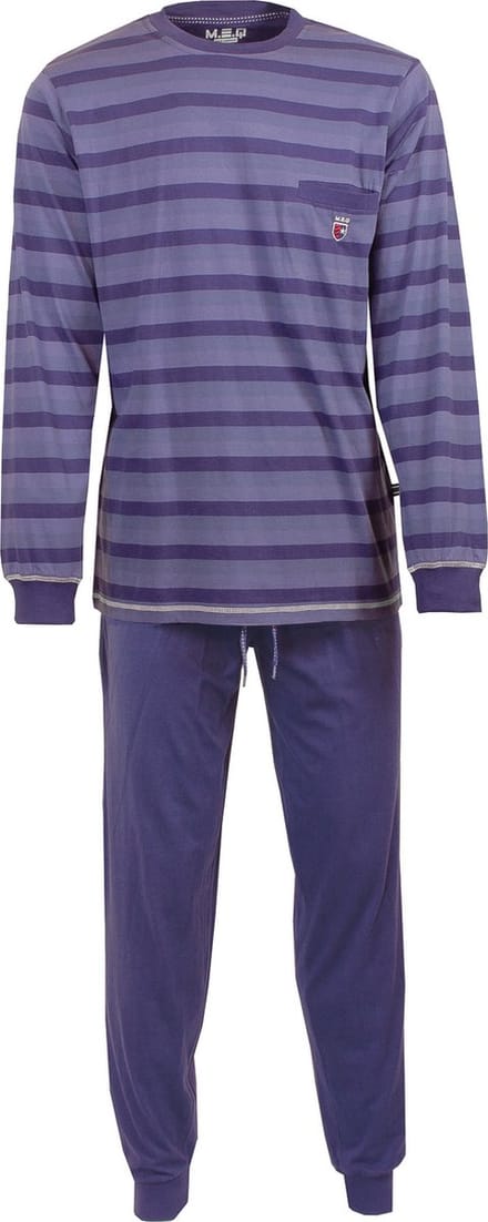 MEQ Heren Pyjama - Pyjama Set - Katoen - Gestreept - Paars - Maat S