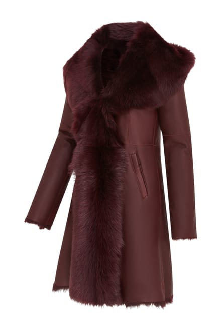 Dames Trenchcoat met capuchon van bordeauxrood Toscaanse schapenvacht - Coast