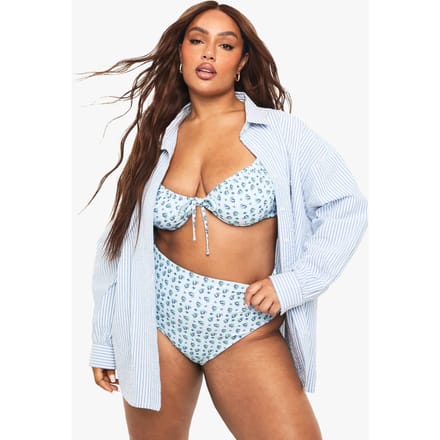 boohoo Dames Plus Gingham Bloemenprint Bikini Top met beugels | Babyblauw | Maat: 52