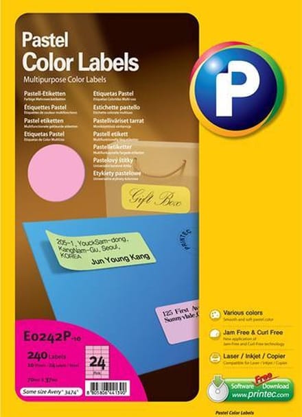Printec Pastel Roze Etiketten - 10 Vel - 70x37mm - 24 Labels per A4 - 240 Stickers