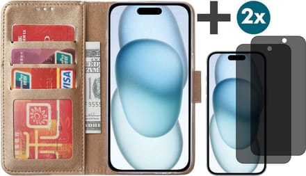 Hoesje met Privacy Screenprotectors 2 Stuks Geschikt voor iPhone 15 Plus – Arara bookcase met pasjeshouder - Goud