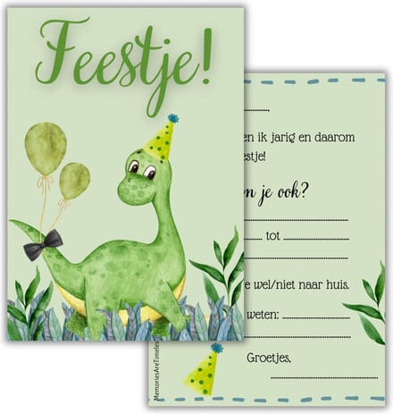 6 Dino Uitnodigingen - Kinderfeestje Kaarten - Dinosaurussen Thema - A6 Formaat