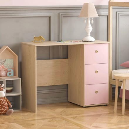 3-laden bureau voor computer en studeren - thuisstudie werkstation voor kinderen (roze en eiken)