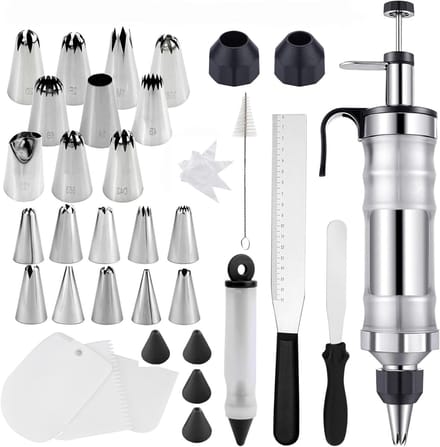 Complete set van 34 onderdelen met 20 spuitmondjes, decoratiepen, taarten, gebak en cupcakes voor het versieren van desserts en koekjes