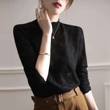 Pull Tricot de Base en Dentelle à Col Semi-Haut pour le Style Intérieur et le Tempérament des Femmes Top Pull 2XL noir