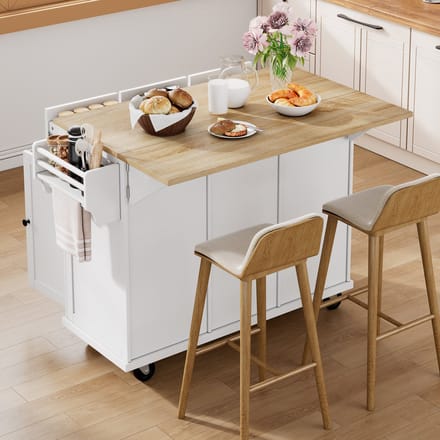 MIVRAY Keukeneiland - Uitschuifbaar Werkblad En Opbergruimte - Voor Keuken En Eetkamer - MDF - Wit Naturel