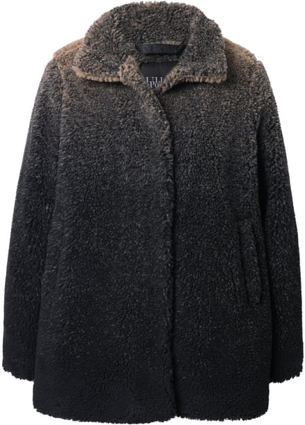 Ulla Popken - Dames - Teddy mantel kleurverloop opstaande kraag drukknopen - Zwart - Maat 58+