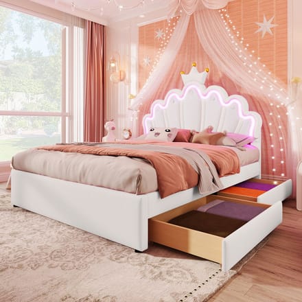 REDOM Kinderbed 140x200 cm van PU/MDF – Met verstelbaar hoofdeinde, LED, 2 lades en kroonvorm – Wit