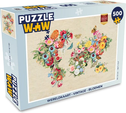 Puzzel Wereldkaart - Vintage - Bloemen - Legpuzzel - Puzzel 500 stukjes