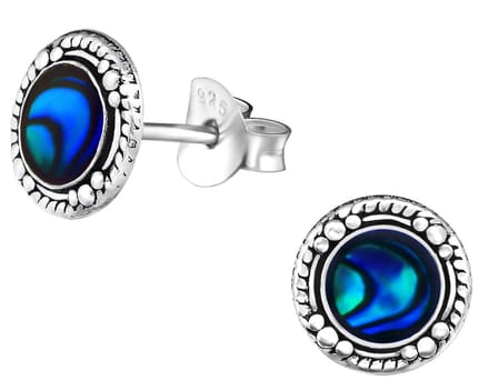 Joy|S - Zilveren Bali oorbellen - 8 mm - oorknoppen - abalone donker blauw (schelp) - geoxideerd - sterling zilver 925