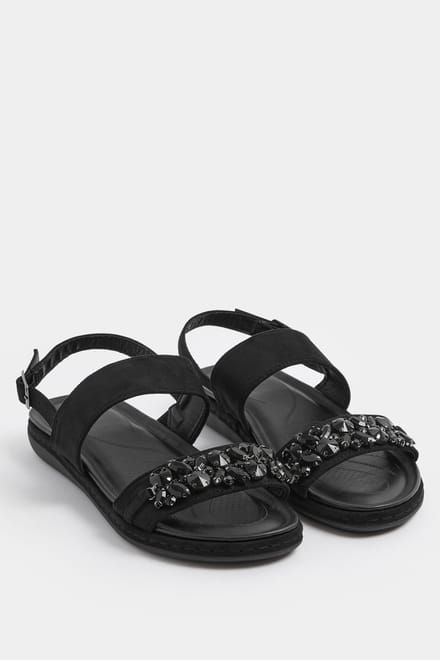Yours Zwarte Diamante Stone Versierde Sandalen In Extra Wide Eee Fitsize 37EEE