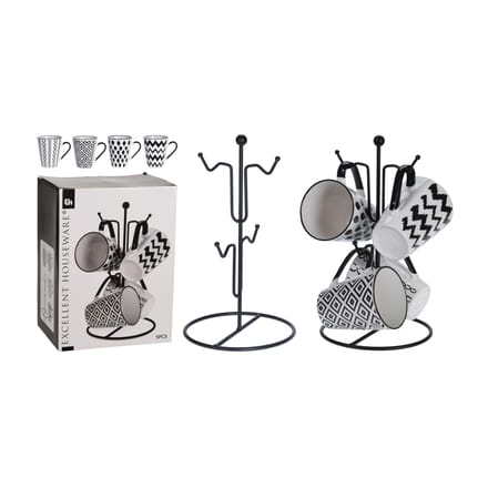 Bekers met Ophangrek - Zwart / Wit - Keramiek - 31 cl - Set van 5
