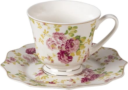Clayre & Eef Kop en Schotel 200 ml Wit Porselein Bloemen