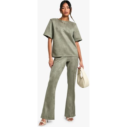 boohoo Dames Suede Low Rise Flarebroeken | Kaki | Maat: 38