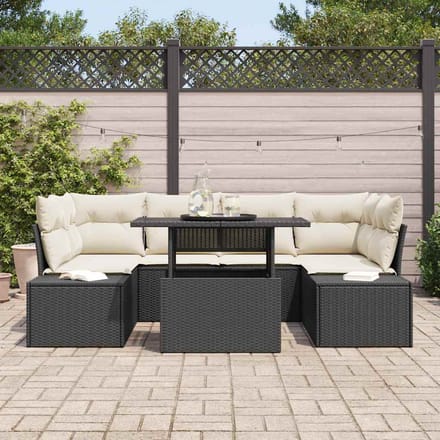 vidaXL - Bankstel - 7 - st - Zwart - en - Crème - poly - rattan