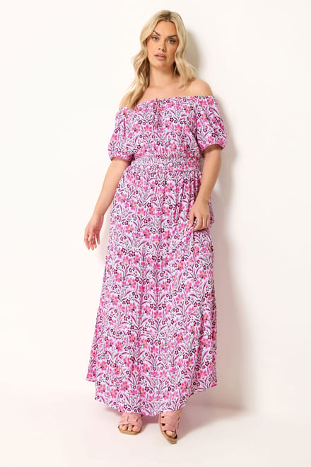 Yours Paarse Bardotmaxijurk Met Bloemenprint En Striksluiting Size 42