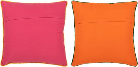 J-Line kussen Bloemen Geborduurd - katoen/polyester - oranje/roze - 2 stuks