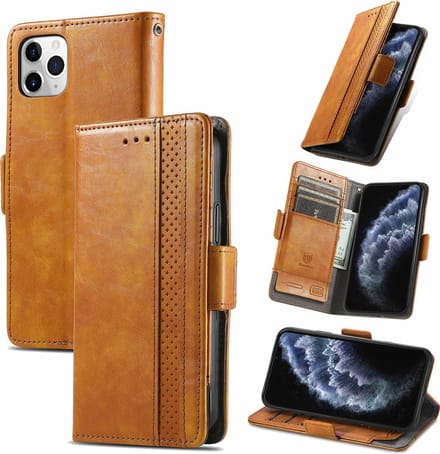 Stijlvol Tweekleurig PU-leer Wallet Flip Case + PET Screenprotector voor iPhone 11 Pro _ Lichtbruin