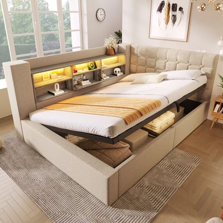 MODFU – Gestoffeerd Bed met LED & Opbergruimte – 140x200 cm – L-Vormig Hoofdbord – Linnen – Beige
