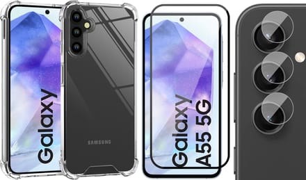 Hoesje geschikt voor Samsung Galaxy A55 - Screenprotector Volledig Dekkend Glas & Camera - Shockproof Transparant