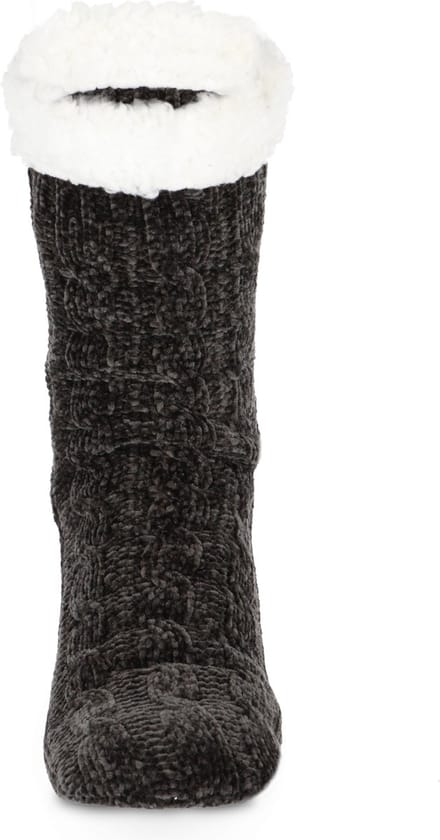 Basset Dames Huissokken Kabel Chenille met Antislip Antracite One size
