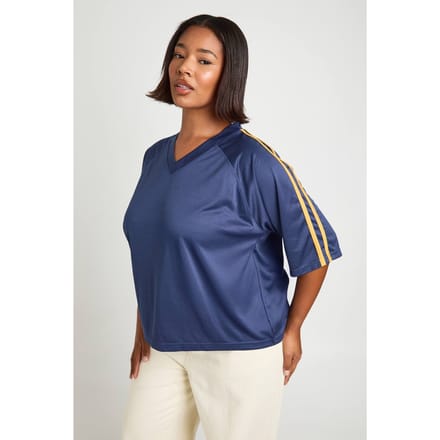 boohoo Dames Plus gestreepte voetbaltop | Marineblauw | Maat: 48