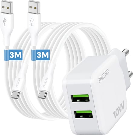 Phreeze usb lader 10 W - Dual usb poorten - Power adapter met 2 usb A naar usb C kabels 3 m - Voor tablet, laptop en controller