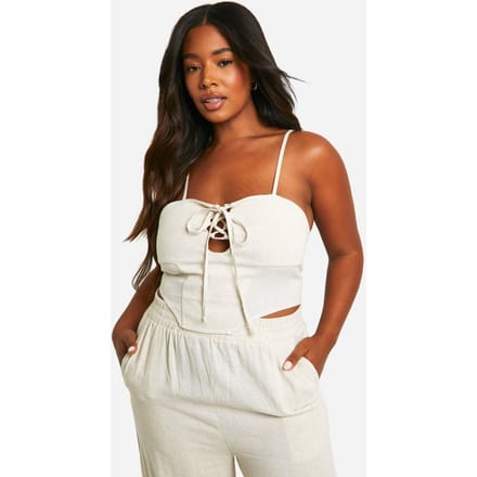 boohoo Dames Plus Linnen Look Corset Top met Veters | Steen | Maat: 52