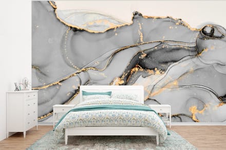 Behang - Fotobehang Marmer - Goud - Grijs - Breedte 295 cm x hoogte 220 cm
