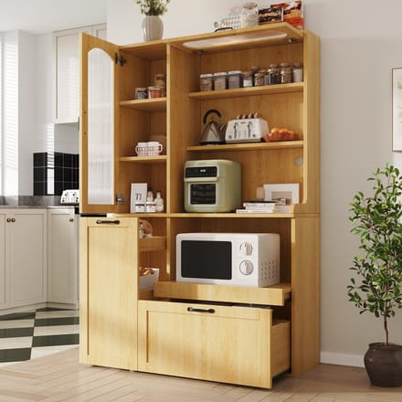 OKWISH Buffetkast – Verstelbare Planken En Lade – Uitschuifbaar Werkblad – MDF Naturel – 98 x 40 x 177 cm