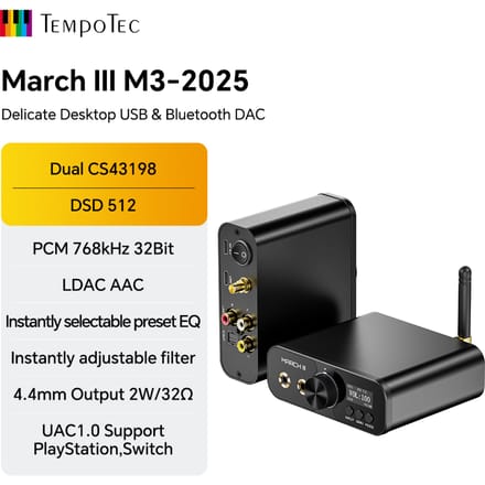 TempoTec March III-M3 2*CS43198 HIFI USB DAC, Bluetooth DAC, UAC1.0 voor PlayStation PS4, PS5, UAC2.0, EQ, Filter, DSD512/LDA US plug