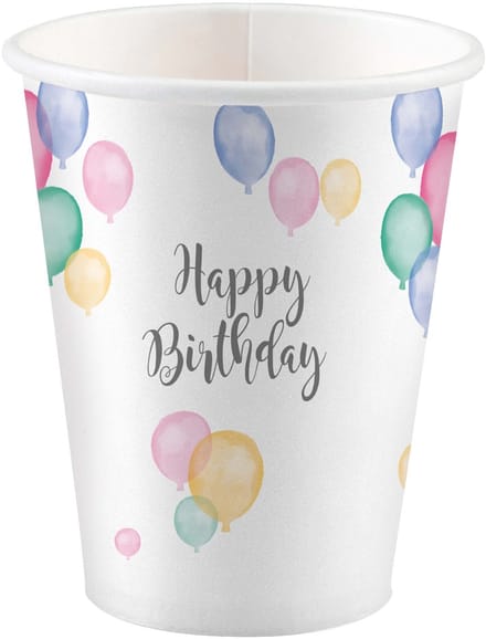 RIETHMULLER - 8 kartonnen bekers Happy Birthday pastel ballonnen 250ml feest