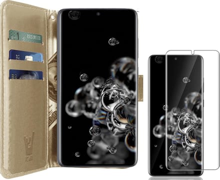 Hoesje geschikt voor Samsung Galaxy S20 Ultra - Screen Protector FlexGuard - Book Case Kunstleer Pasjeshouder Goud & Screenprotector