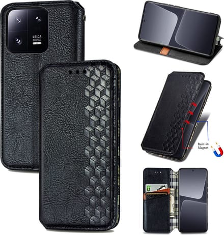 Luxe PU Lederen Ruitpatroon Wallet Case + PMMA Screenprotector voor Xiaomi 13 Pro _ Zwart