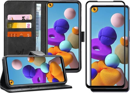 Hoesje geschikt voor Samsung A21s en Screenprotector - Book Case Kunstleer Wallet Zwart + Screen Protector Full