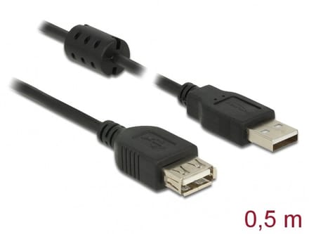 Delock 84882 USB-kabel USB 2.0 USB-A stekker, USB-A bus 0.50 m Zwart Met Ferrietkern