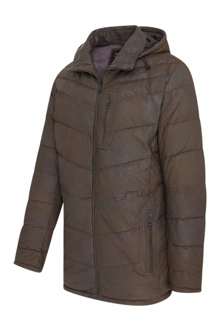 Heren Bruine Leren Gewatteerde Jas met Capuchon en Puffer Winterjas - Olyic