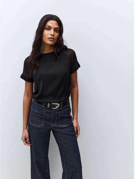 Next - Dames - T-shirt van geweven mix met korte raglanmouwen - Zwart