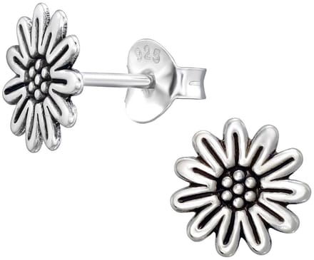 Joy|S - Zilveren bloem oorbellen - 8 mm - zonnebloem - geoxideerd