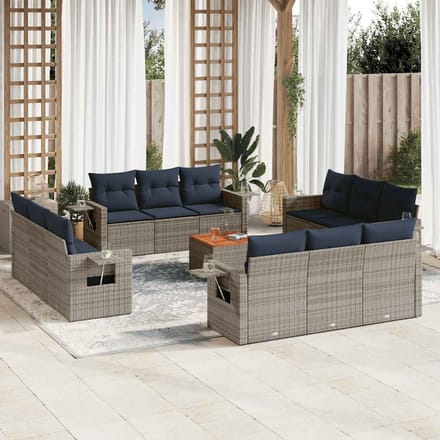 vidaXL - 13-delige - tuinbankset - met - kussens, - grijs - polyrotan