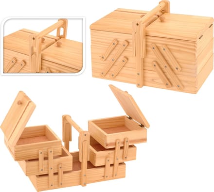Houten Naaidoos - 3-laags - uitklapbaar- 30 x 18.5 x 18.5 cm- Hout-Compact