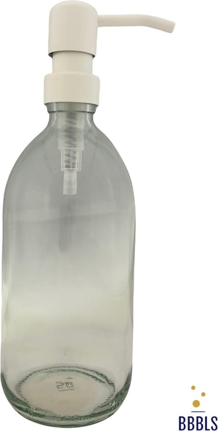 BBBLS® Design Dispenser "Blanco" | Transparant Glas | 500ml | RVS / Metaal Pomp Wit | Zeeppomp | Zeepdispenser | Zeephouder