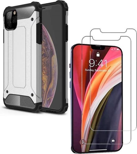 Hoesje Geschikt voor: iPhone 12 Pro Heavy Duty + 2 stuks Tempered Screenprotector - Zilver