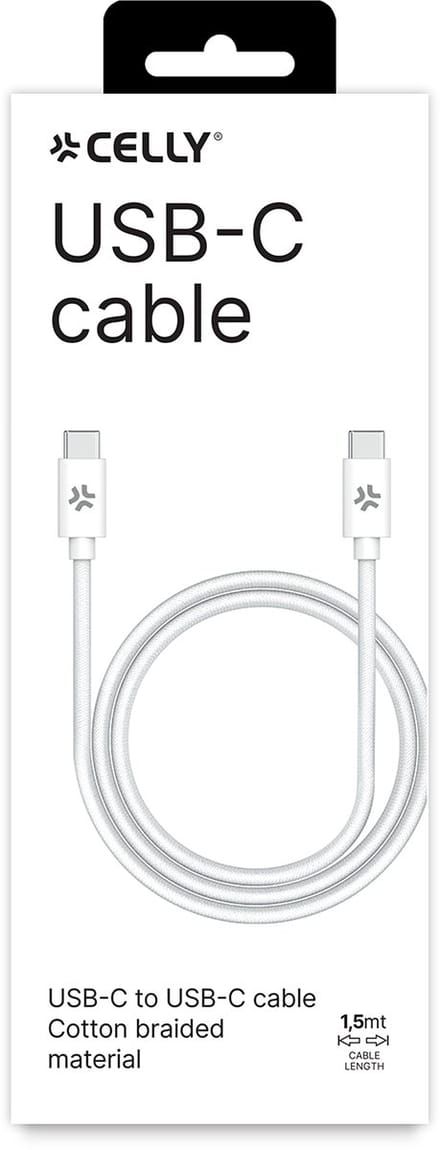 Celly USB-C naar USB-C kabel – Voor Android & iPhone - Katoen Gevlochten – Tot 100 Watt - Duurzaam en stevig - 1,5 meter - Wit
