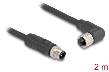 Delock M12 Cable L-coded 4 pin male straight to female right angled PUR suitable for drag chains 2 m black