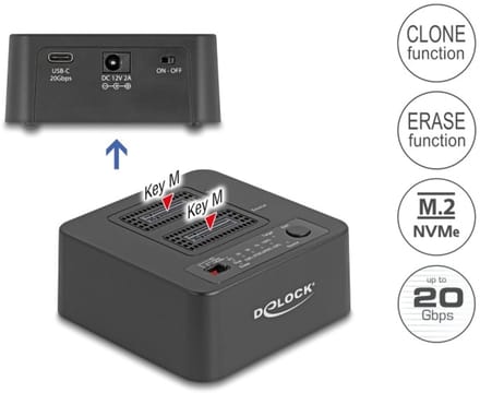 Delock USB 20 Gbps M.2 Docking Station for 2 x M.2 NVMe PCIe SSD with Clone and Erase Function